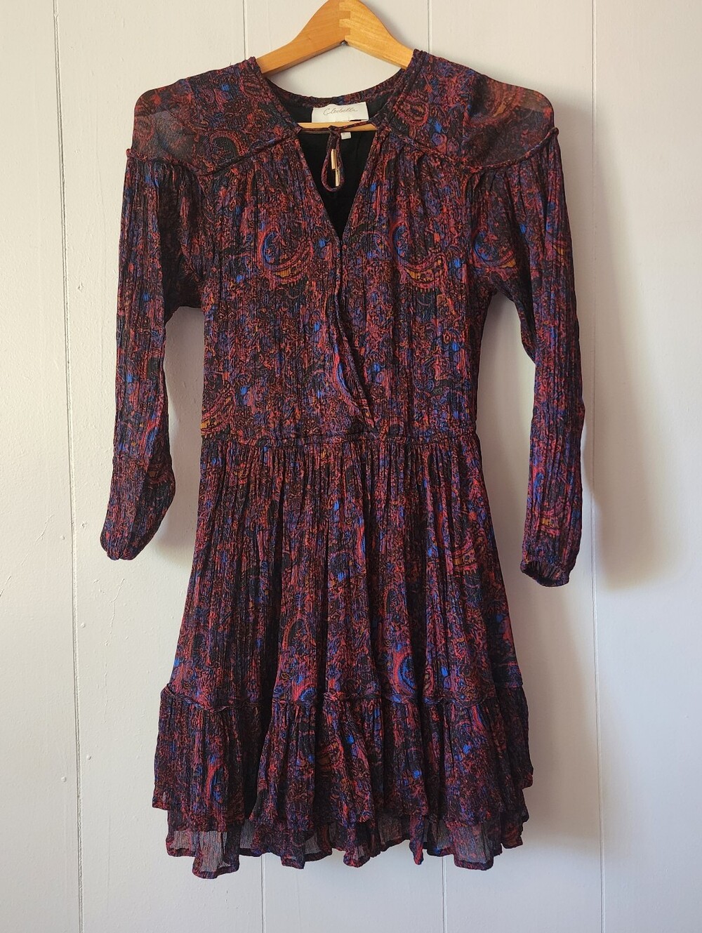 Cleobella Nisha Mini Dress Cross Front Retrograde Paisley Ruffles Sheer Size S